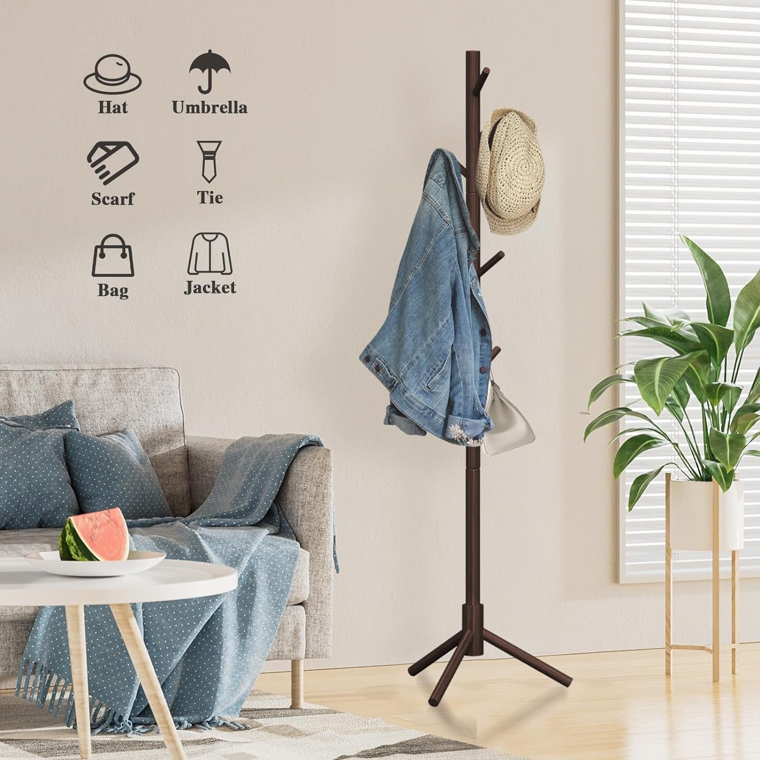 Coat Rack Freestanding, Pure Natural Solid Wooden Coat Tree, 8 Hooks and Adjustable Height Floor Hanger, Used in the Bedroom Living Room Office to Hang Clothes, Hats, Bags