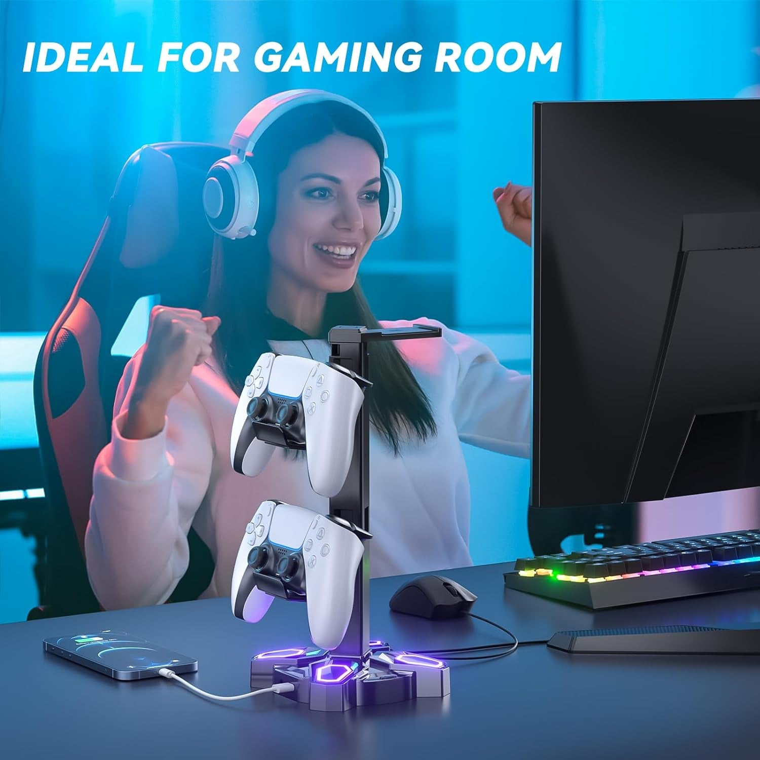 Gaming RGB Headphones Stand, Rotatable Headset Stand with 9 Light Modes - Controller Holder with 2 USB Charging Ports and 3.5Mm - Earphone Hanger Accessories for Desktop Gamer(Black)