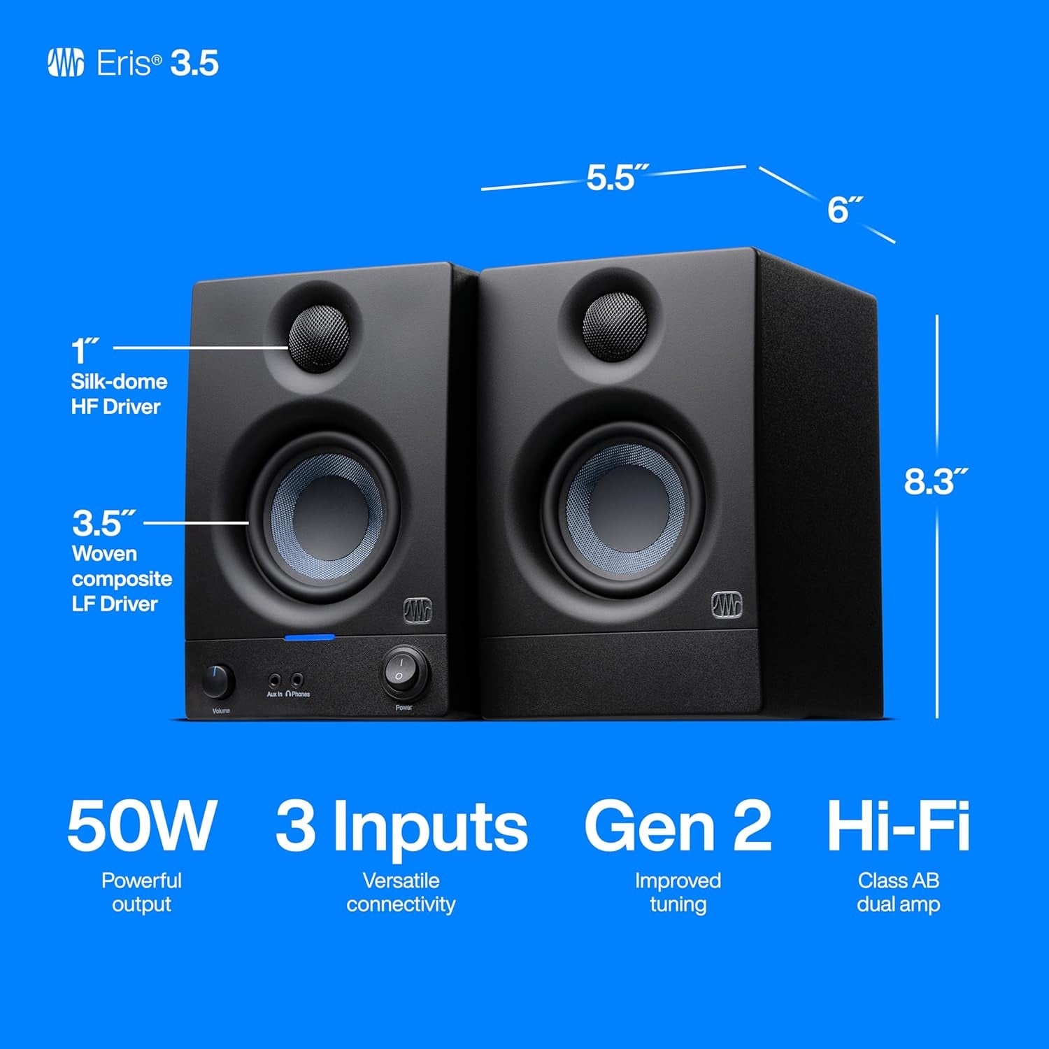 Eris 3.5 Studio Monitors, Pair — Powered, Active Monitor Speakers for near Field Music Production, Desktop Computer, Hi-Fi Audio