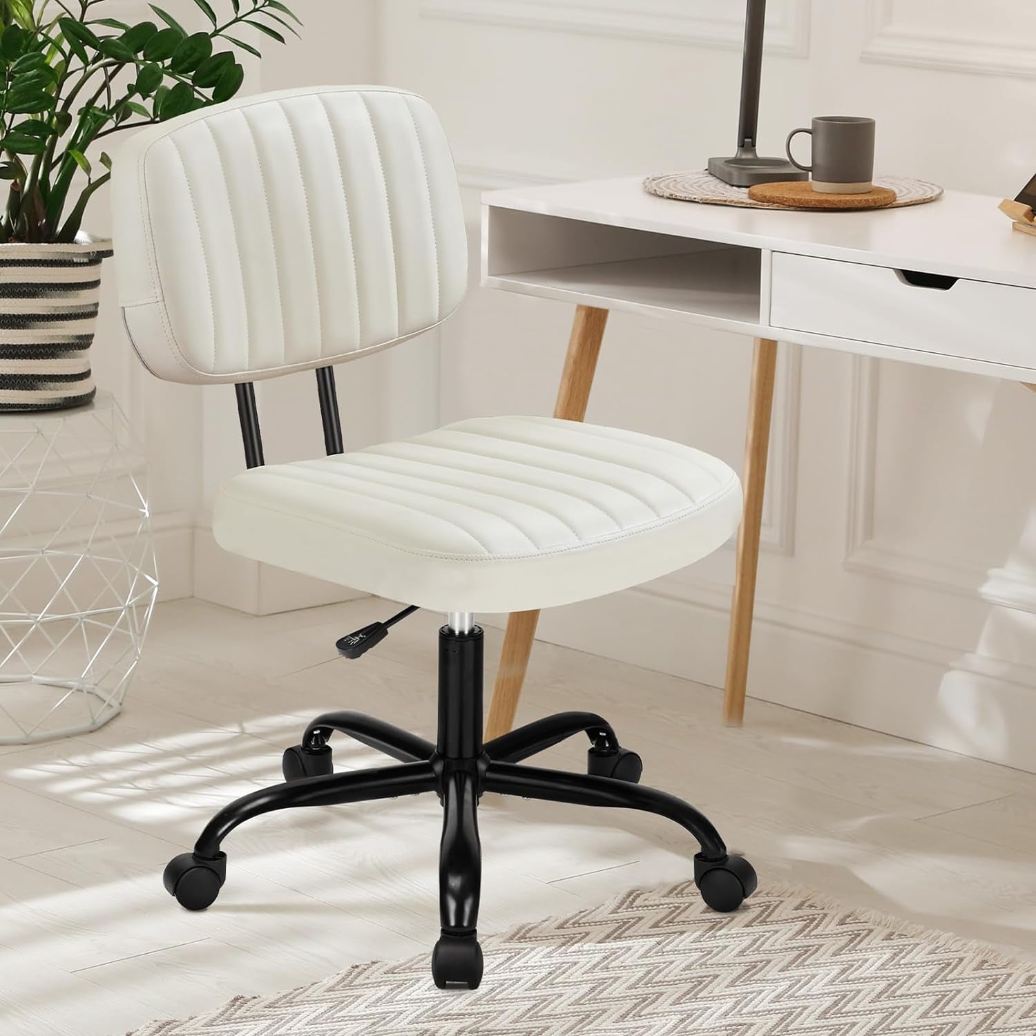 Armless Home Office Desk Chair Ergonomic with Low Back Lumbar Support, Height Adjustable PU Leather Computer Task with 360° Swivel Rolling Wheels, for Small Space, Beige White