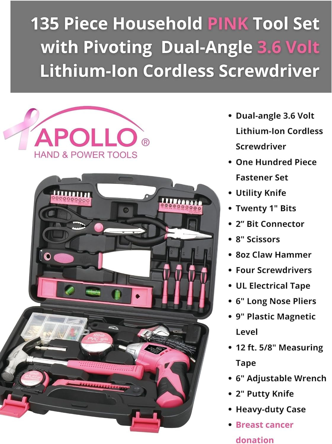 135 Piece Household Tool Kit Pink with Pivoting Dual-Angle 3.6 V Lithium-Ion Cordless Screwdriver - DT0773N1