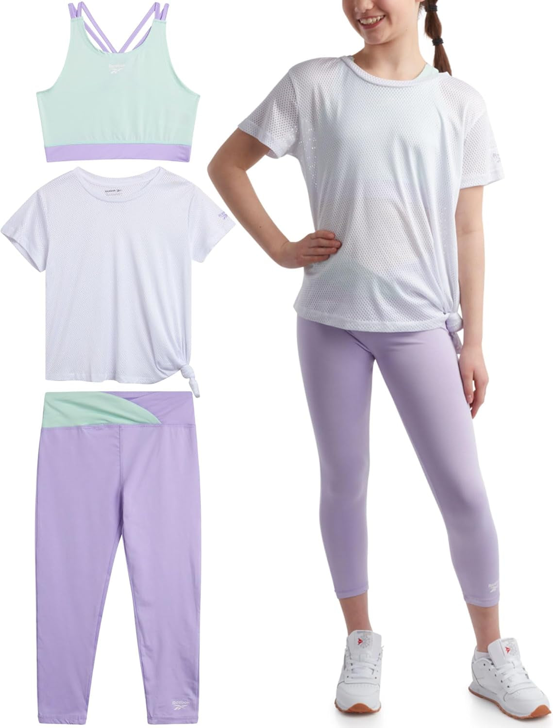 Girls' Active Leggings Set - 3 Piece Mesh Shirt, Capri Leggings, and Crop Cami Sports Bra - Summer Activewear (7-12)