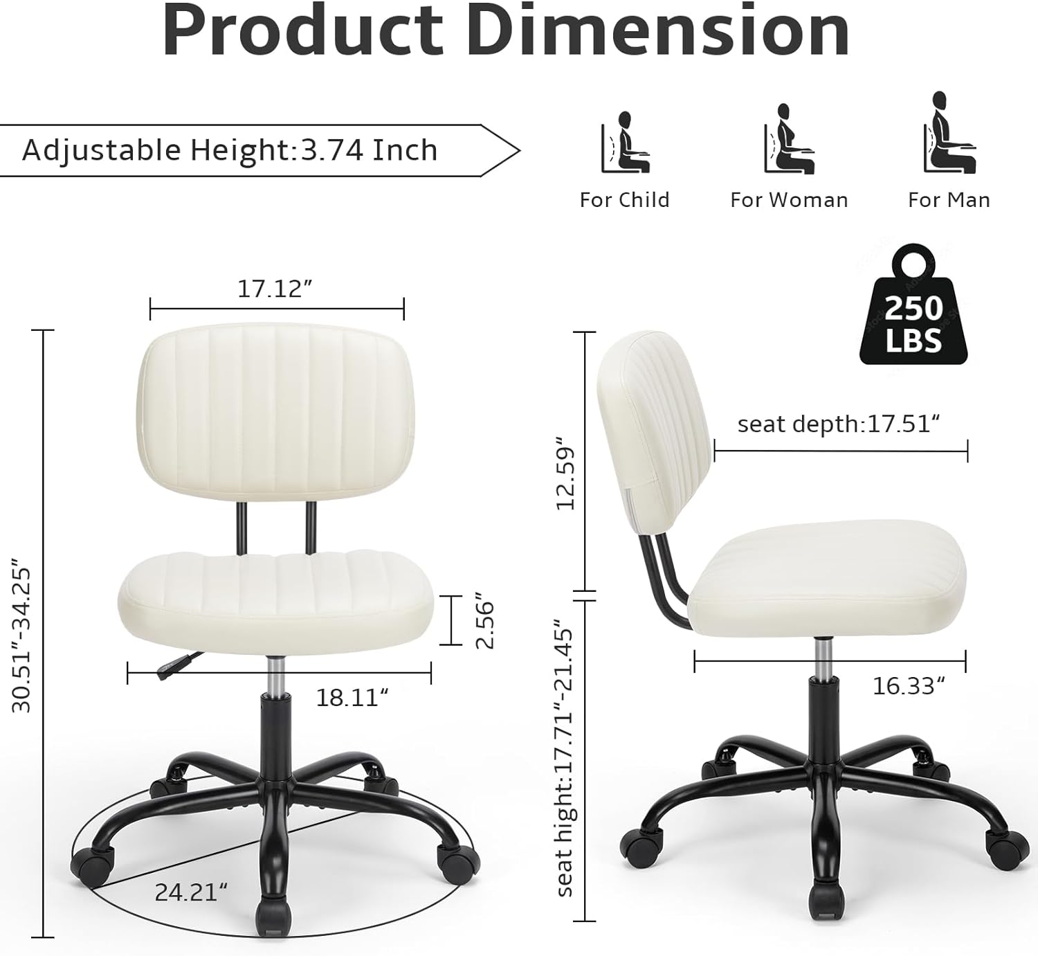 Armless Home Office Desk Chair Ergonomic with Low Back Lumbar Support, Height Adjustable PU Leather Computer Task with 360° Swivel Rolling Wheels, for Small Space, Beige White