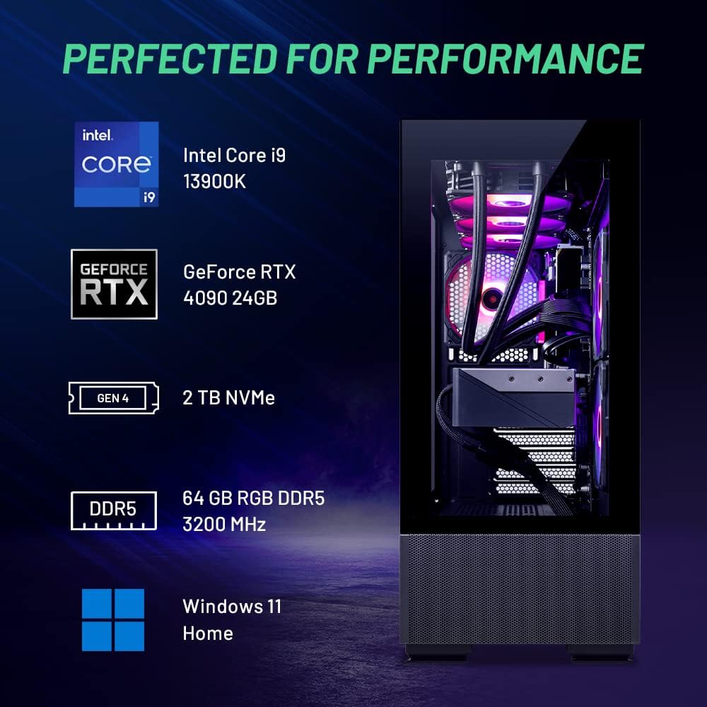 Azure Gaming PC Desktop – Intel Core I9 13900K 3.0 Ghz, NVIDIA RTX 4090, 2TB NVME Gen4 SSD, 64GB DDR5 RAM RGB, 1000W Gold PCIE 5.0 PSU, 360Mm AIO, 11AC Wi-Fi, Windows 11 Home 64-Bit