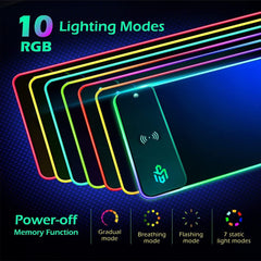 Wireless Charging RGB Gaming Mouse Pad 10W, LED Mouse Mat 800X300X4Mm, 10 Light Modes Extra Large Mousepad Non-Slip Rubber Base Computer Keyboard Mat for Gaming, Macbook, PC, Laptop, Desk