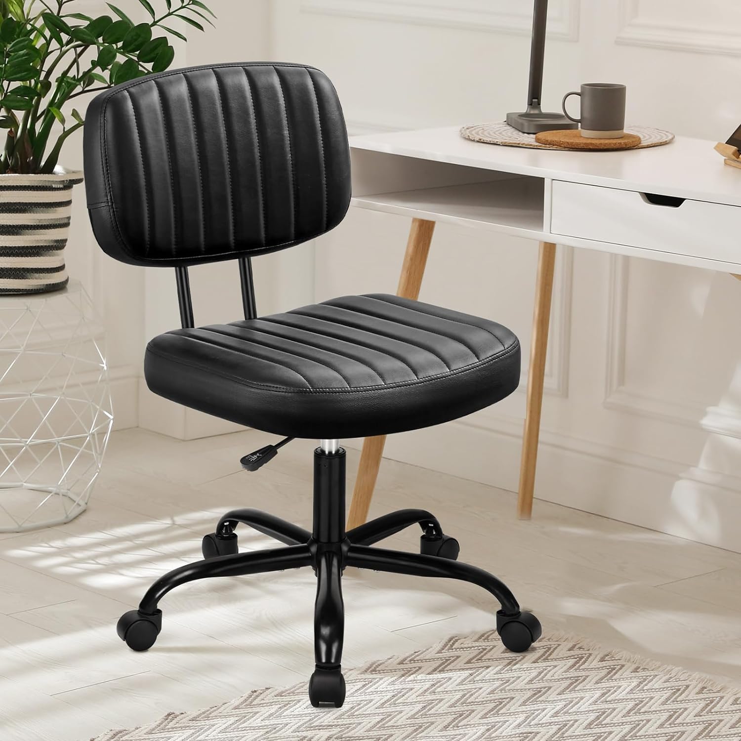 Armless Home Office Desk Chair Ergonomic with Low Back Lumbar Support, Height Adjustable PU Leather Computer Task with 360° Swivel Rolling Wheels, for Small Space, Beige White