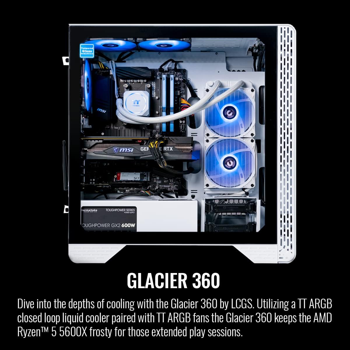 Glacier 360 Liquid-Cooled PC (AMD Ryzen 5 5600X, RTX 3060, 16GB 3600Mhz DDR4 Toughram RGB Memory, 1TB Nvme M.2, Wifi, Win 10 Home) Gaming Desktop Computer S3Wt-B550-G36-Lcs,White