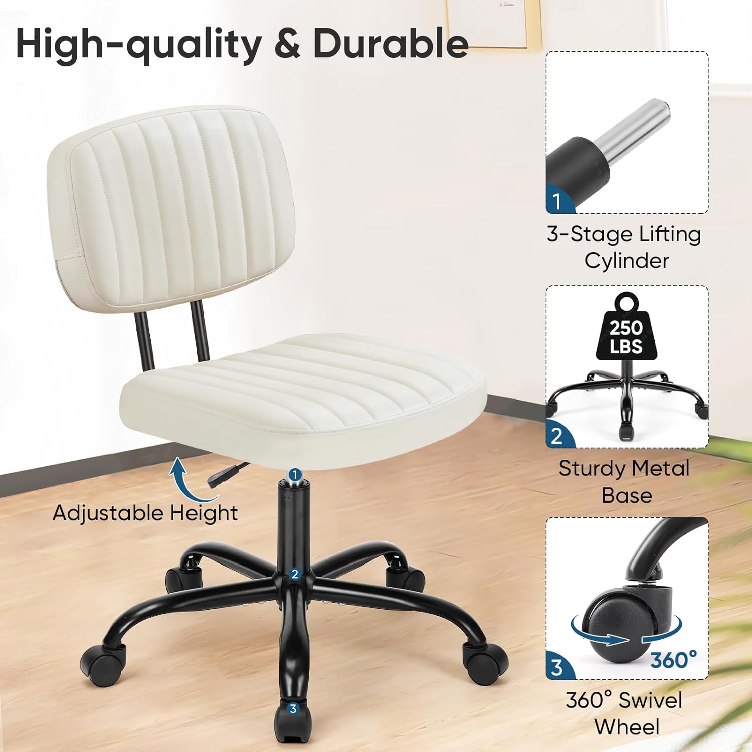 Armless Home Office Desk Chair Ergonomic with Low Back Lumbar Support, Height Adjustable PU Leather Computer Task with 360° Swivel Rolling Wheels, for Small Space, Beige White