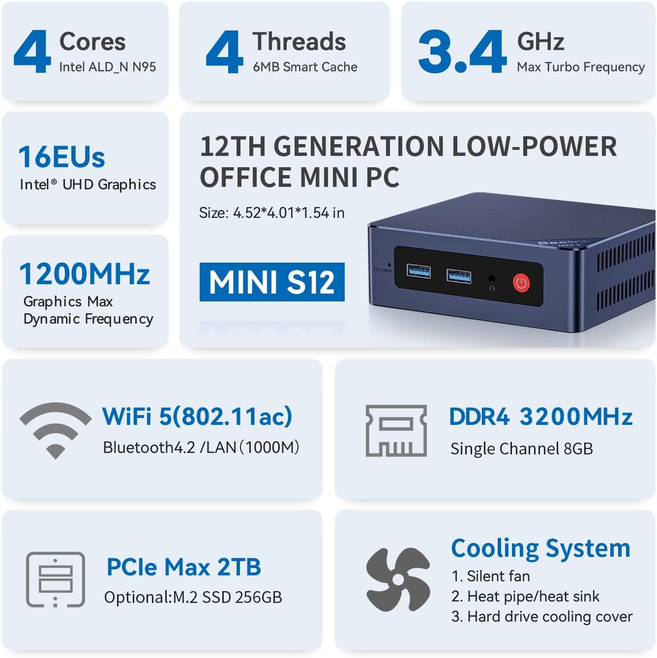 Mini S12 Mini PC, 12Th Intel Alder Lake- N95 (4C/4T, up to 3.4Ghz), 8GB DDR4 256GB M.2 SSD, Mini Desktop Computer Support 4K@60Hz Dual Display/Bt 4.2/Wifi 5/USB 3.2/Gigabit Ethernet