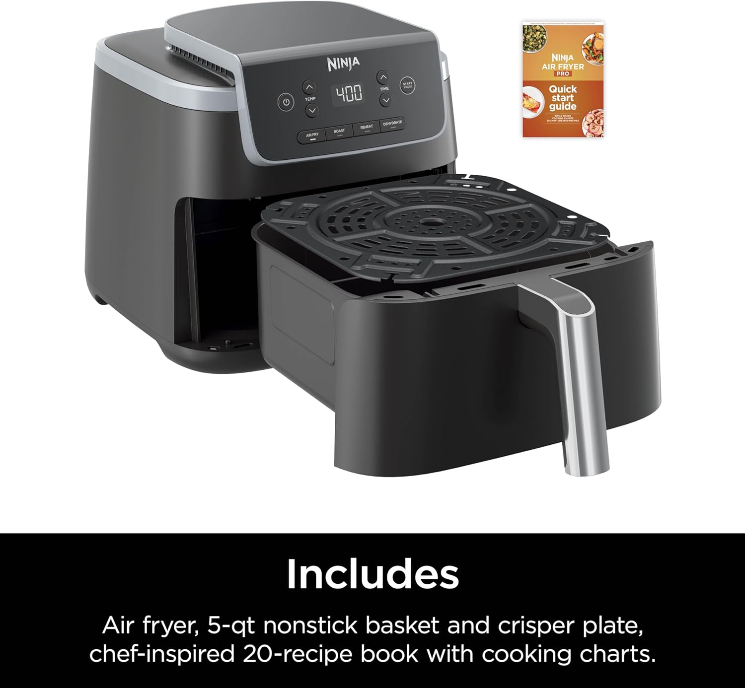 Air Fryer Pro 4-In-1 with 5 QT Capacity, Air Fry, Roast, Reheat, Dehydrate, Air Crisp Technology with 400F for Hot, Crispy Results in Just Minutes, Nonstick Basket & Crisper Plate, Grey, AF141