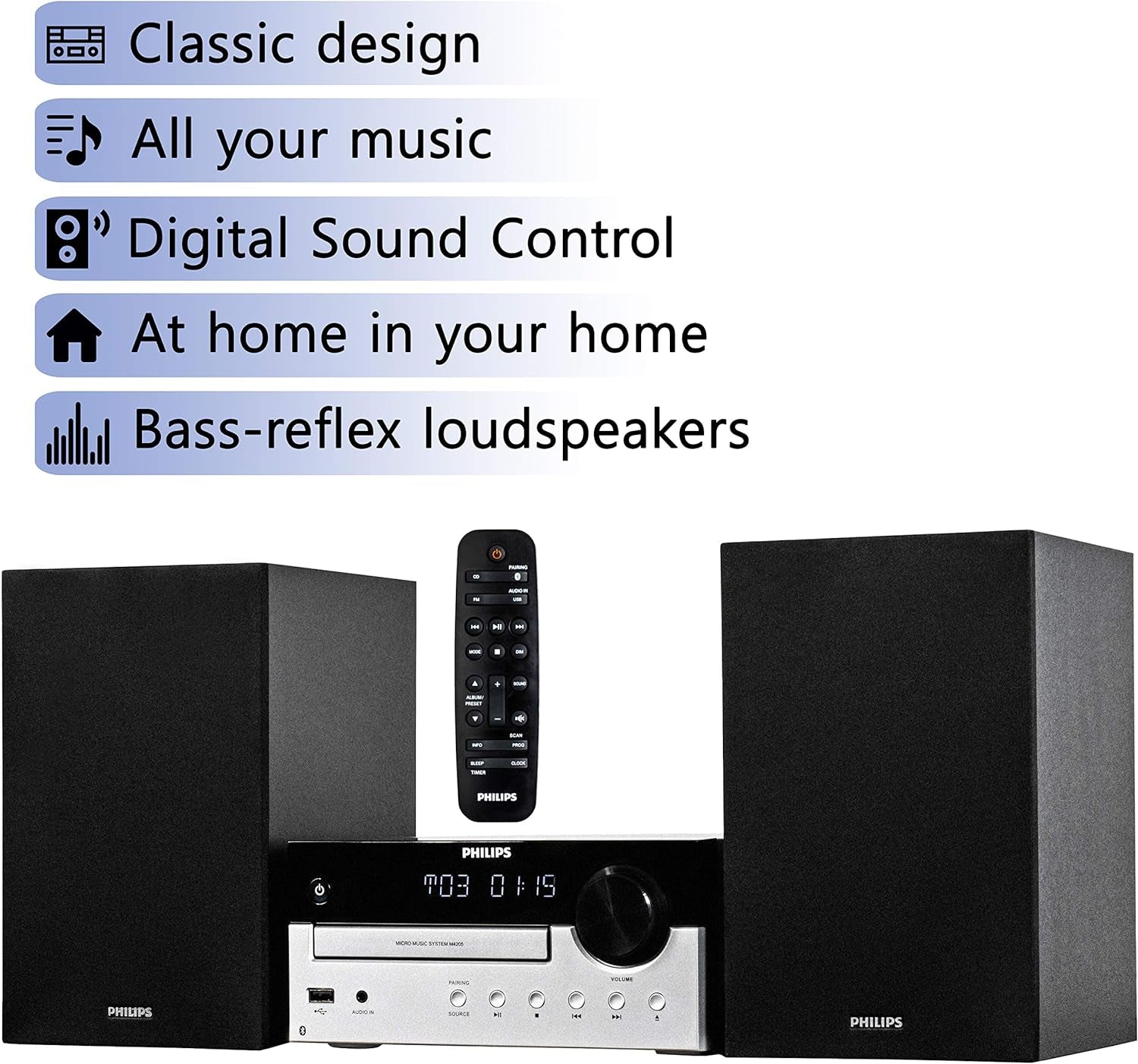 Bluetooth Stereo System for Home with CD Player, MP3, USB, Audio In, FM Radio, Bass Reflex Speaker, 60W, Remote Control Included