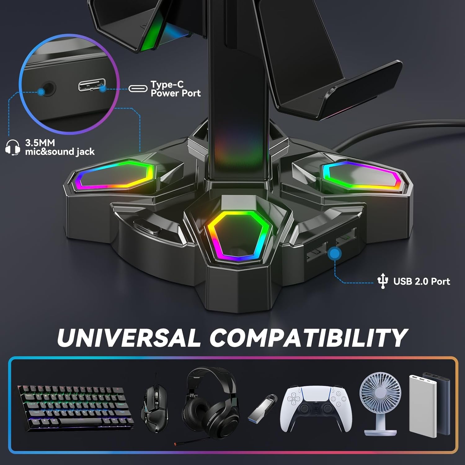 Gaming RGB Headphones Stand, Rotatable Headset Stand with 9 Light Modes - Controller Holder with 2 USB Charging Ports and 3.5Mm - Earphone Hanger Accessories for Desktop Gamer(Black)