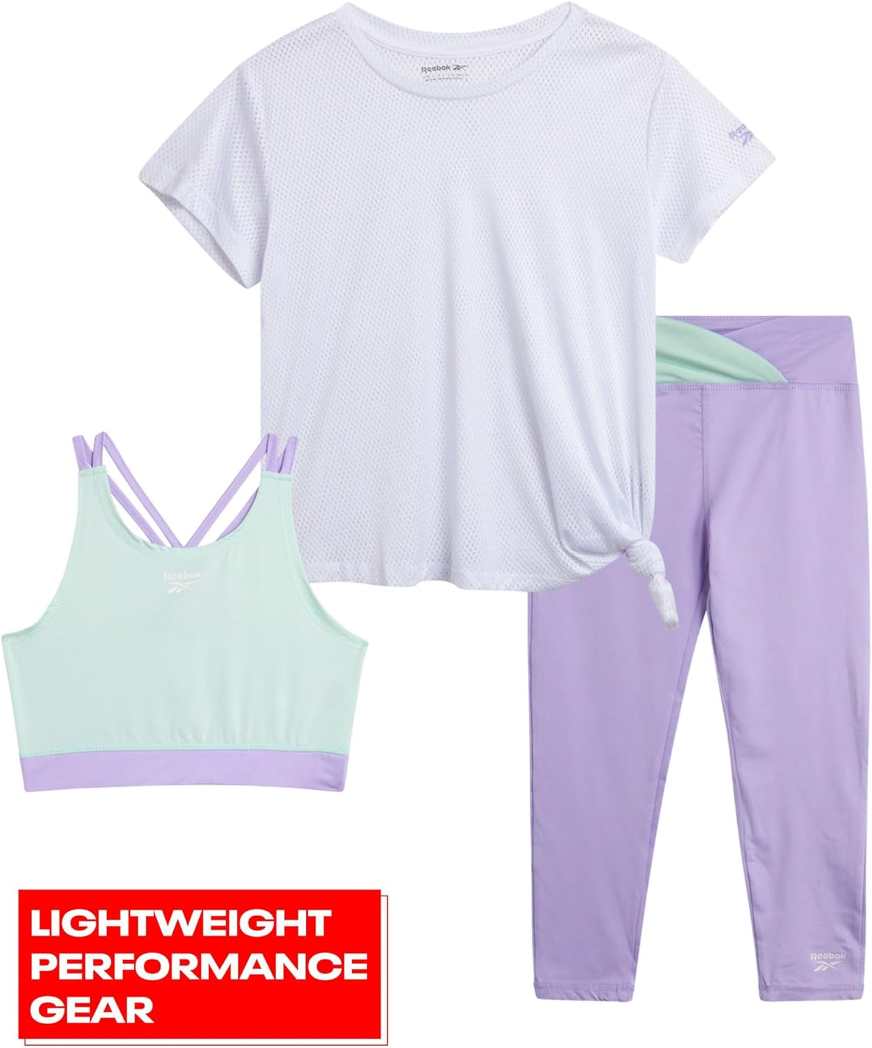 Girls' Active Leggings Set - 3 Piece Mesh Shirt, Capri Leggings, and Crop Cami Sports Bra - Summer Activewear (7-12)