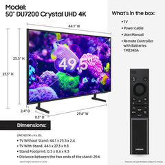 50-Inch Class Crystal UHD 4K DU7200 Series HDR Smart TV W/Object Tracking Sound Lite, Purcolor, Motion Xcelerator, Mega Contrast, Q-Symphony (UN50DU7200, 2024 Model)