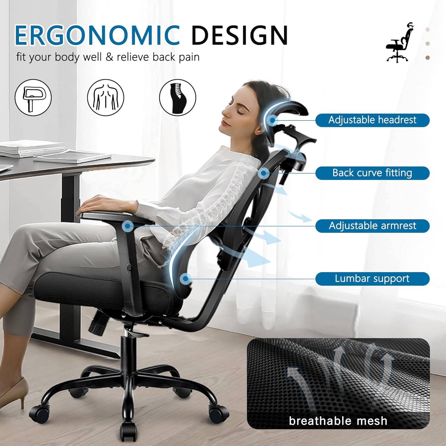 Office Chair Ergonomic Desk Chair Comfy Computer Chair, Big and Tall Home Office Chair with Back Support, Mesh Office Chair High Back Gaming Chair with Adjustable Armrest (Black)