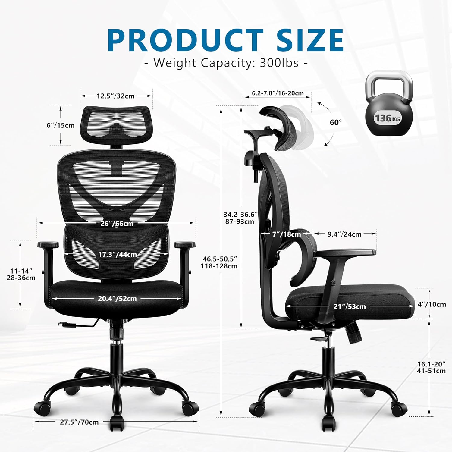 Office Chair Ergonomic Desk Chair Comfy Computer Chair, Big and Tall Home Office Chair with Back Support, Mesh Office Chair High Back Gaming Chair with Adjustable Armrest (Black)