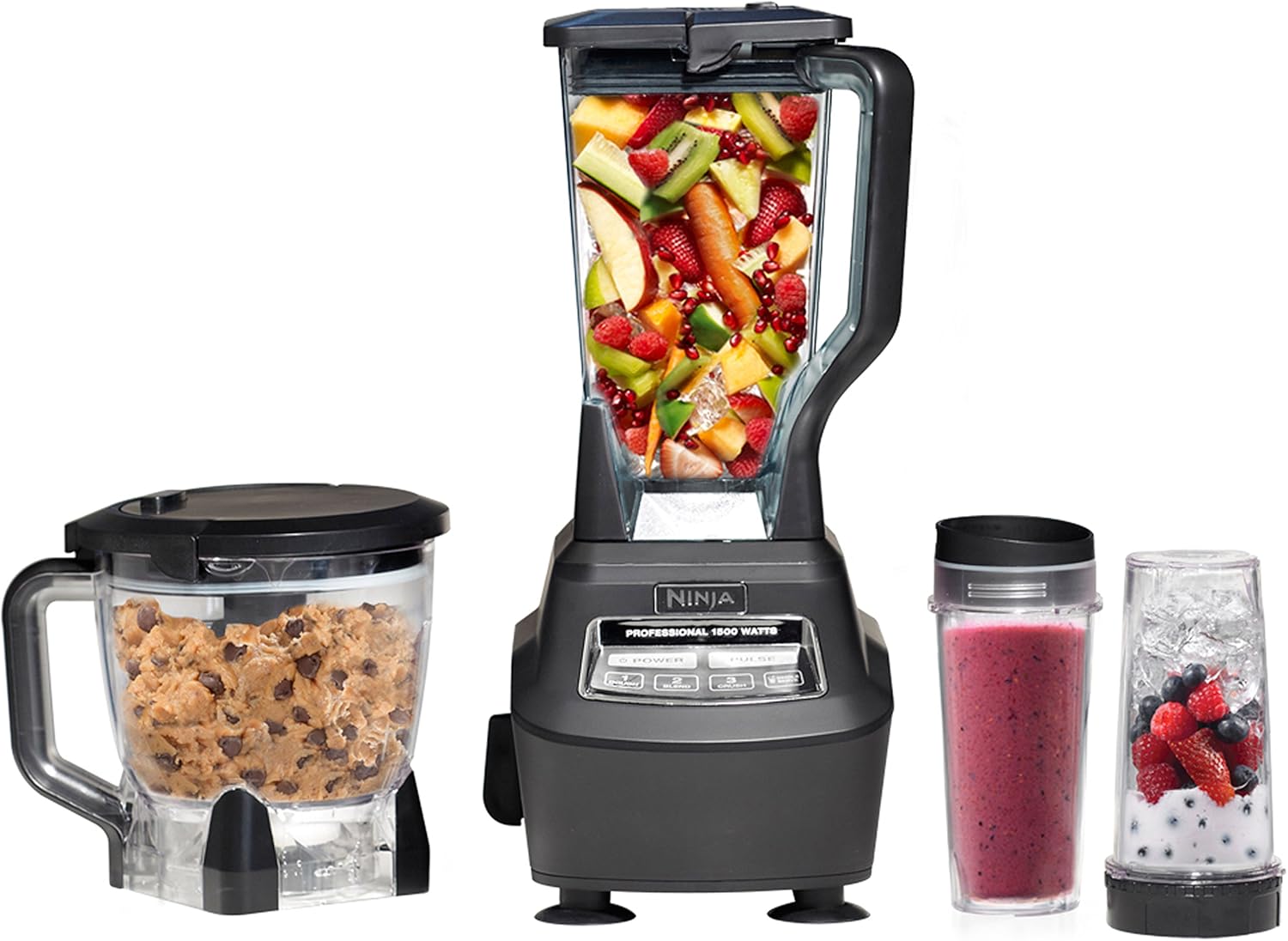 BL770 Mega Kitchen System, 1500W, 4 Functions for Smoothies, Processing, Dough, Drinks & More, with 72-Oz.* Blender Pitcher, 64-Oz. Processor Bowl, (2) 16-Oz. To-Go Cups & (2) Lids, Black