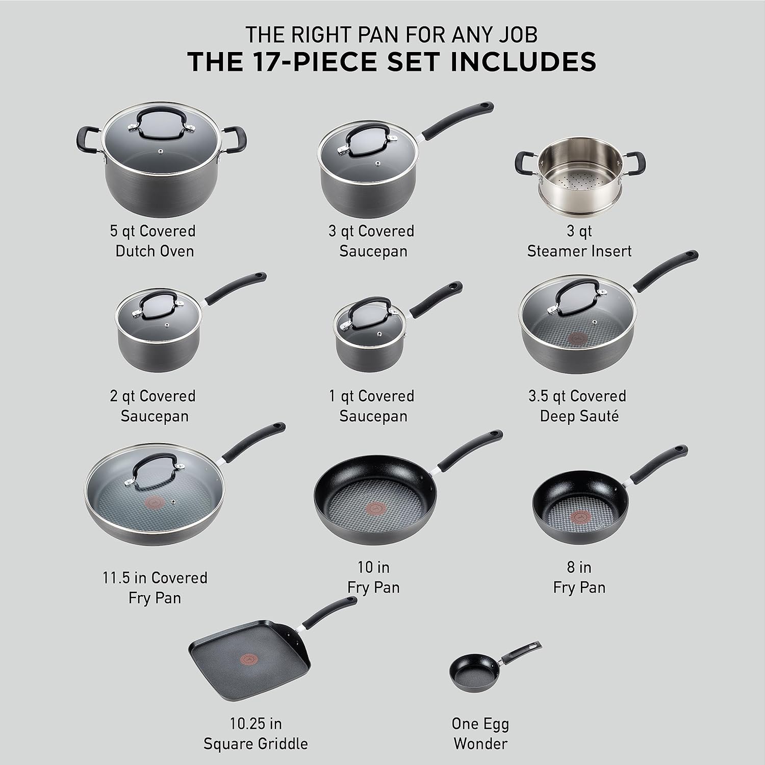 Ultimate Hard Anodized Nonstick Cookware Set 17 Piece, Oven Broiler Safe 400F, Lid Safe 350F, Kitchen Cooking Set W/ Fry Pans, Saucepans, Saute Pan, Griddle, Pots and Pans, Dishwasher Safe Black