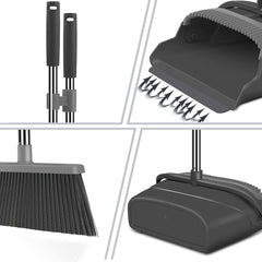 Broom and Dustpan Set for Home, Office, Indoor&Outdoor Sweeping, Stand up Broom and Dustpan (Black&Gray)