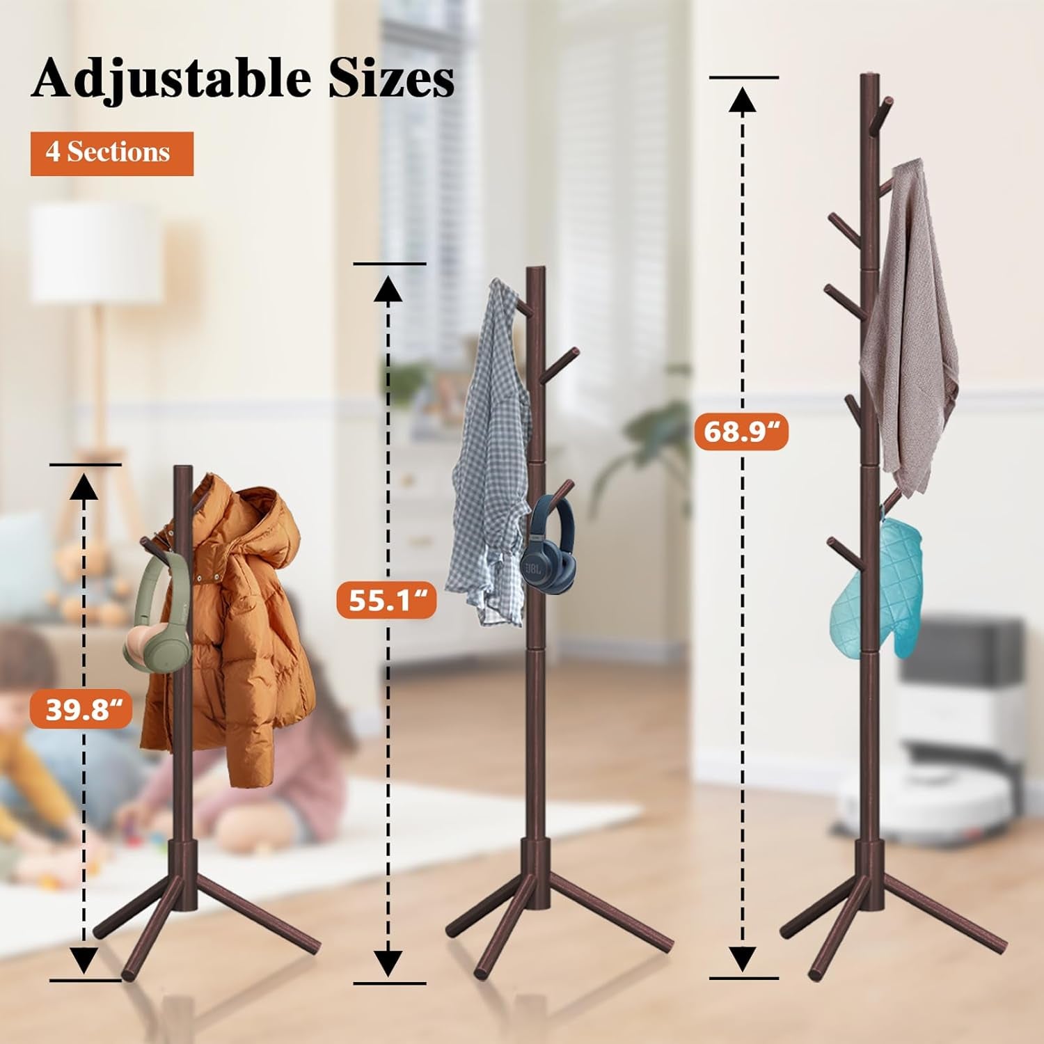 Coat Rack Freestanding, Pure Natural Solid Wooden Coat Tree, 8 Hooks and Adjustable Height Floor Hanger, Used in the Bedroom Living Room Office to Hang Clothes, Hats, Bags