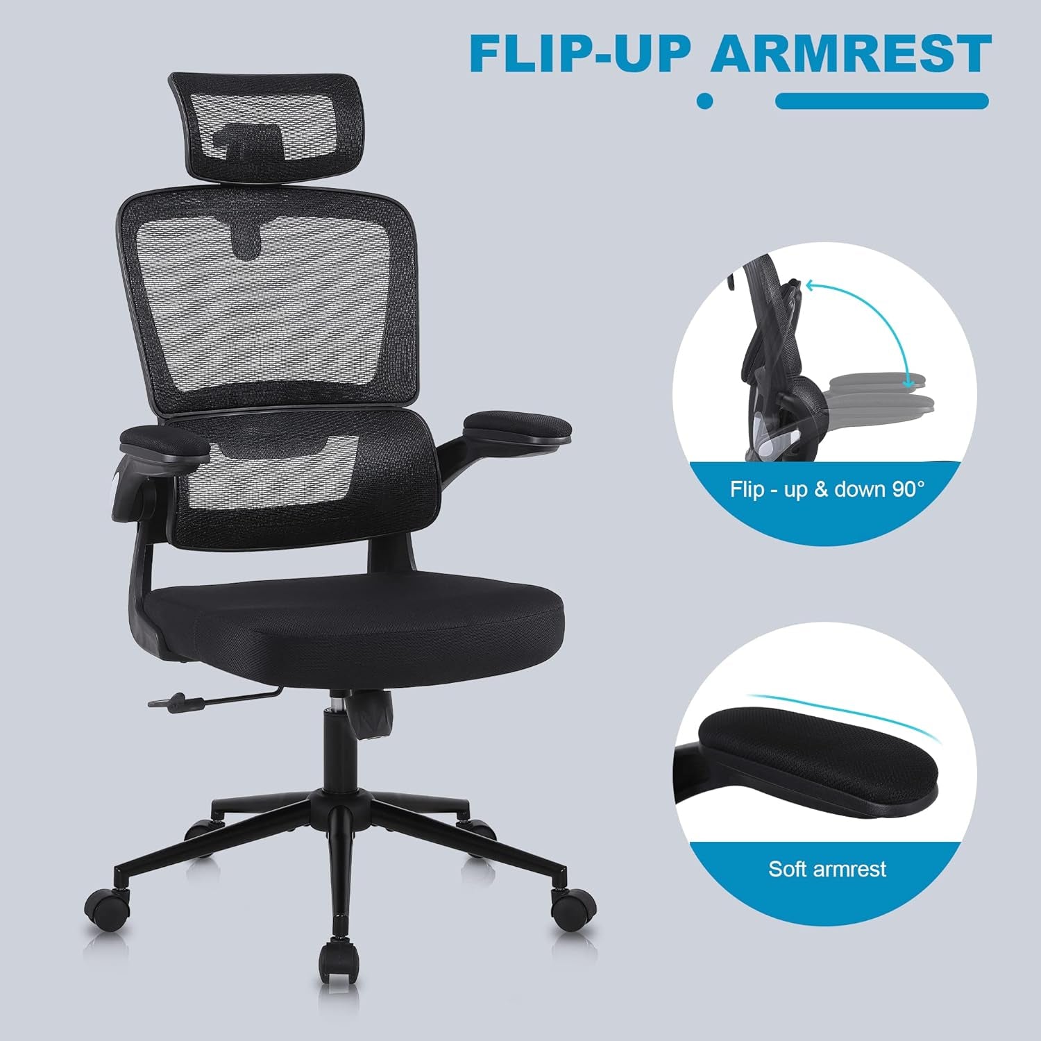 Ergonomic Office Chair, Adjustable Home Computer Desk Chair with Lumbar Support, Headrest, Flip-Up Armrests, High-Back Mesh Executive Task Chair (1 Pack, Black)