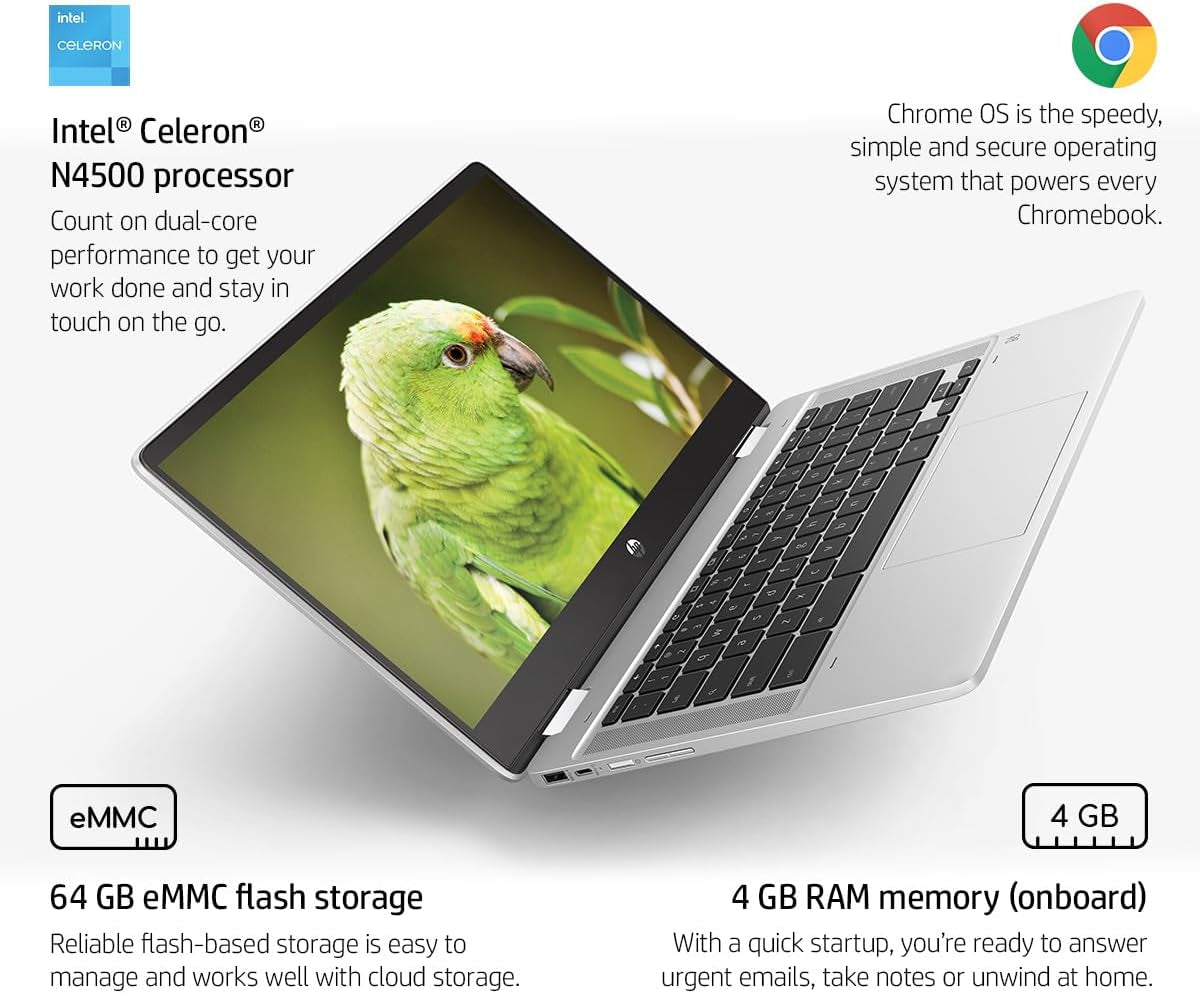 Chromebook X360 14B 14/Inch HD 2-In-1 Touchscreen(Intel Celeron N4500,4GB RAM,128GB Storage(64Gb Emmc + 64GB SD Card),Webcam)Home&Education Laptop,13.5-Hr Battery Life,Ist SD Card,Chrome OS Silver