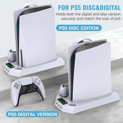 PS5 Stand and Cooling Station with Dual Controller Charging Station for Playstation 5 Console, PS5 Accessories Incl. Controller Charger, Cooling Fan, Headset Holder, 3 USB Hub, Media Slot, Screw-White